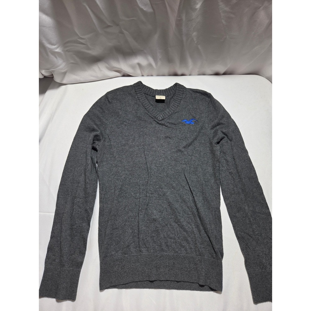 Y2k Hollister California Mens V-Neck Sweater Gray Blue Seagull Logo Small‎